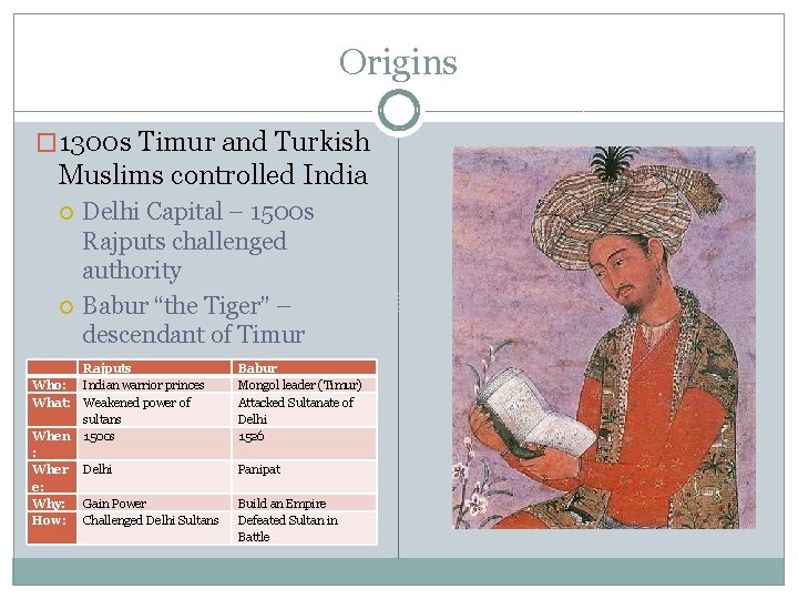 Origins � 1300 s Timur and Turkish Muslims controlled India Who: What: When :