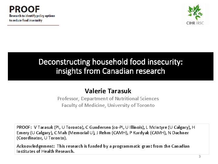 Deconstructing household food insecurity: insights from Canadian research Valerie Tarasuk Professor, Department of Nutritional