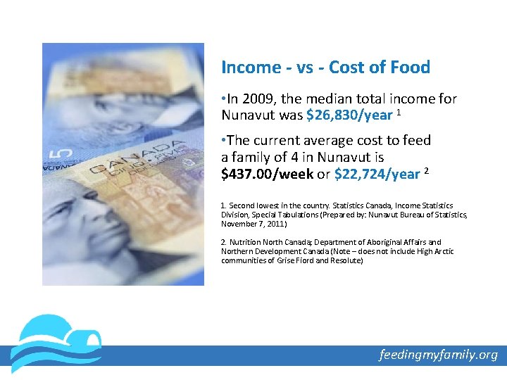 Income - vs - Cost of Food • In 2009, the median total income
