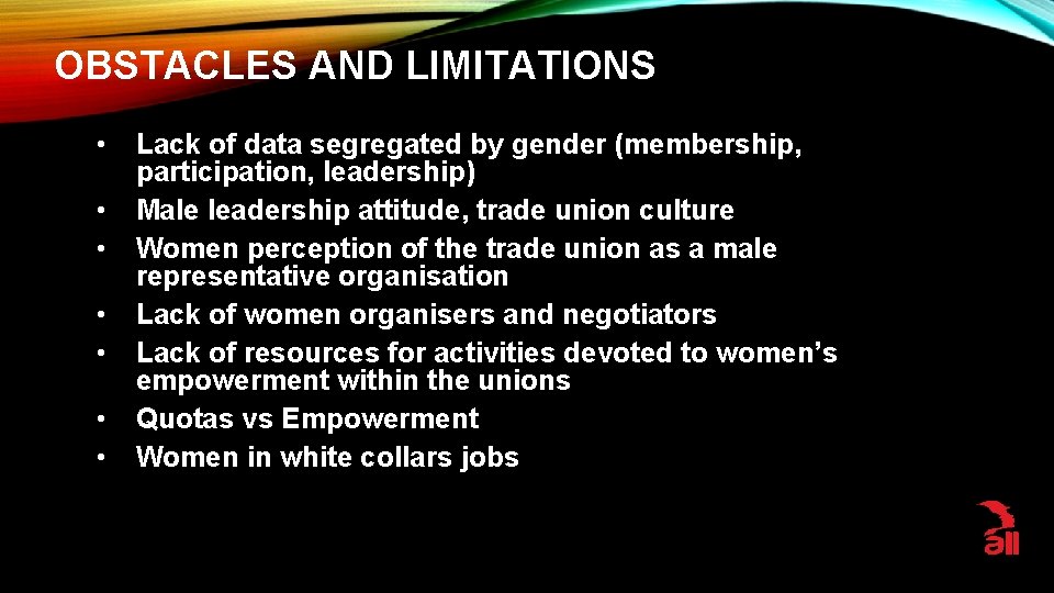 OBSTACLES AND LIMITATIONS • • Lack of data segregated by gender (membership, participation, leadership)