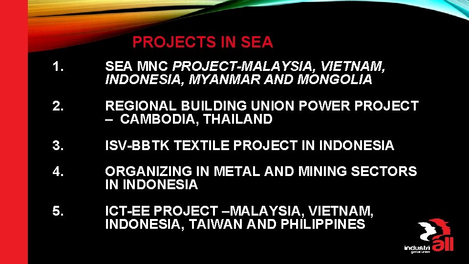 PROJECTS IN SEA 1. SEA MNC PROJECT-MALAYSIA, VIETNAM, INDONESIA, MYANMAR AND MONGOLIA 2. REGIONAL