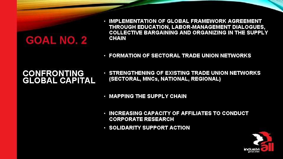 GOAL NO. 2 • IMPLEMENTATION OF GLOBAL FRAMEWORK AGREEMENT THROUGH EDUCATION, LABOR-MANAGEMENT DIALOGUES, COLLECTIVE