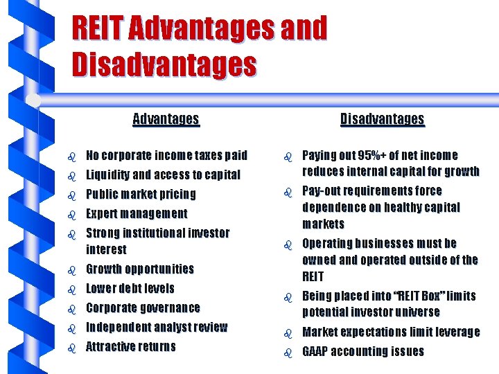 REIT Advantages and Disadvantages Advantages b No corporate income taxes paid b Liquidity and