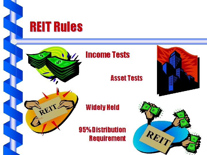 REIT Rules Income Tests Asset Tests Widely Held 95% Distribution Requirement 