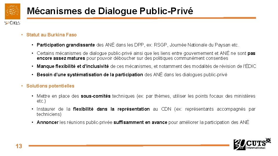 Mécanismes de Dialogue Public-Privé • Statut au Burkina Faso • Participation grandissante des ANÉ