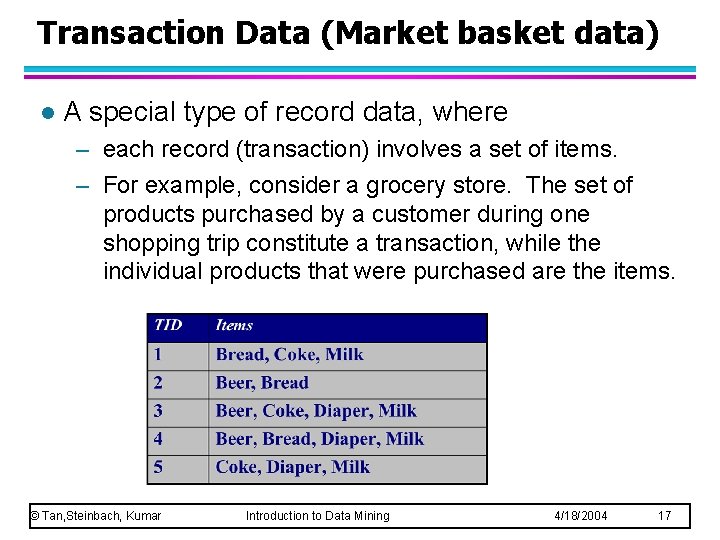 Transaction Data (Market basket data) l A special type of record data, where –