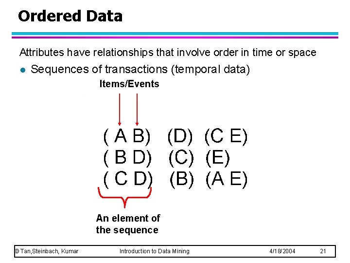 Ordered Data Attributes have relationships that involve order in time or space l Sequences