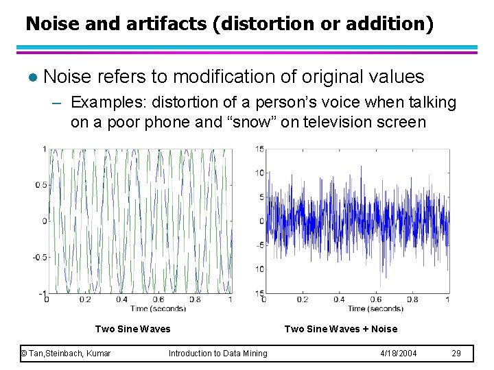 Noise and artifacts (distortion or addition) l Noise refers to modification of original values