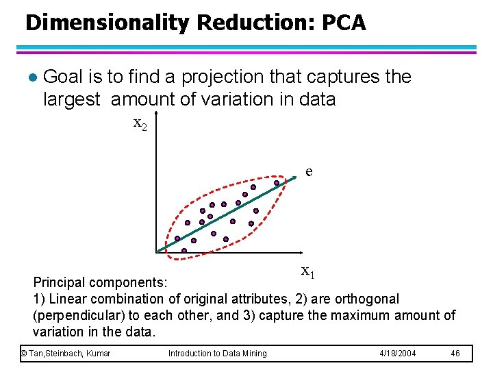 Dimensionality Reduction: PCA l Goal is to find a projection that captures the largest