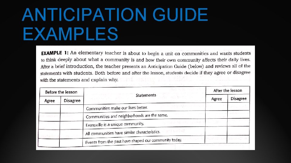 ANTICIPATION GUIDE EXAMPLES 