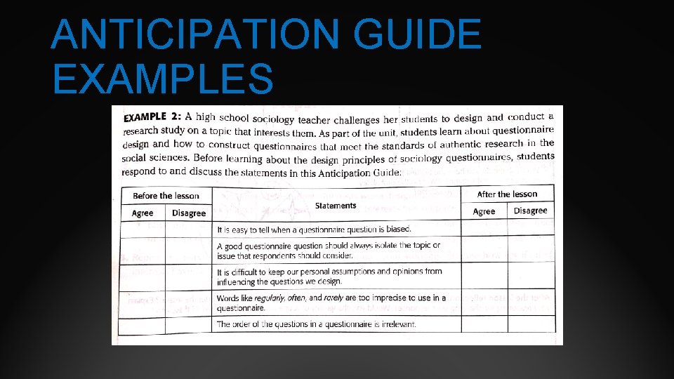 ANTICIPATION GUIDE EXAMPLES 