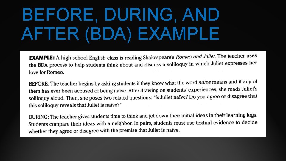 BEFORE, DURING, AND AFTER (BDA) EXAMPLE 
