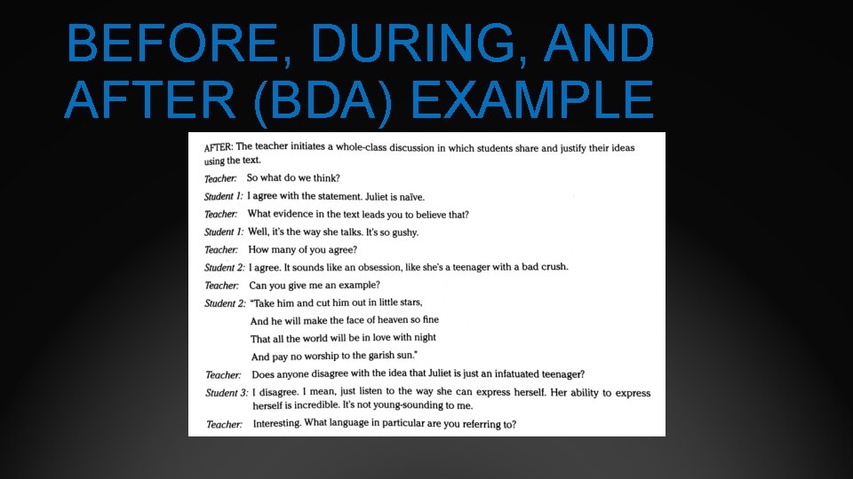 BEFORE, DURING, AND AFTER (BDA) EXAMPLE 