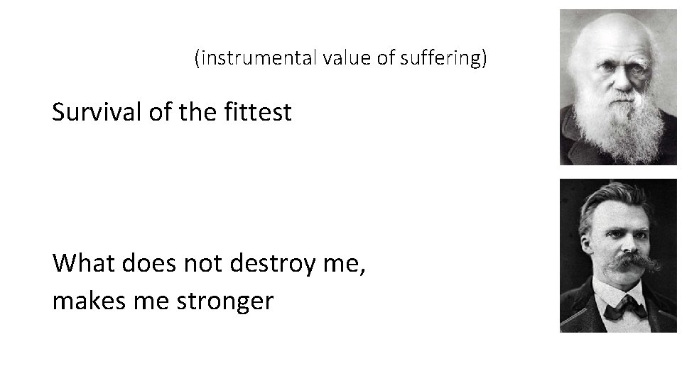 (instrumental value of suffering) Survival of the fittest What does not destroy me, makes