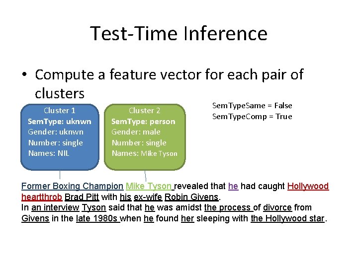 Test-Time Inference • Compute a feature vector for each pair of clusters Cluster 1