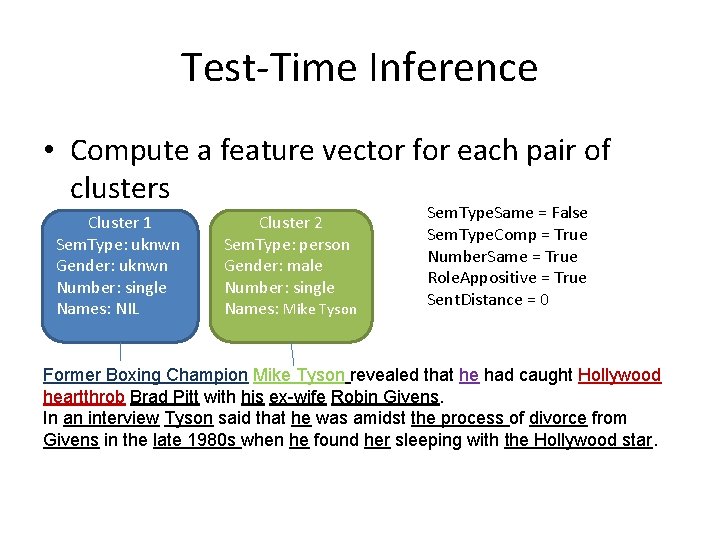 Test-Time Inference • Compute a feature vector for each pair of clusters Cluster 1