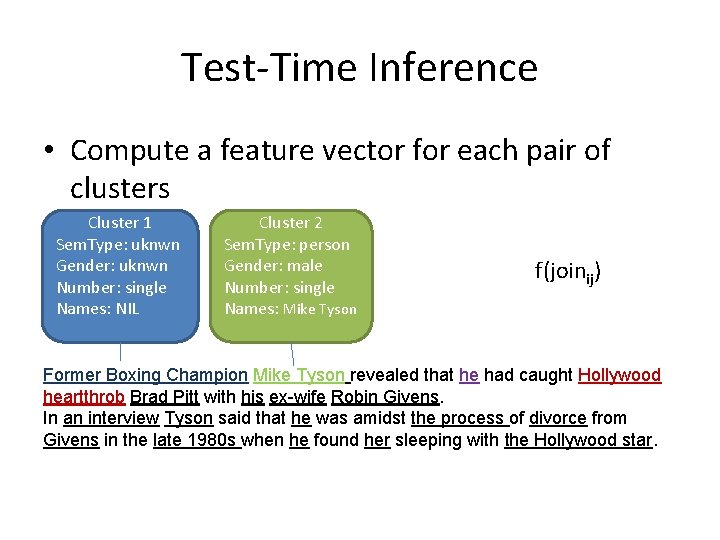 Test-Time Inference • Compute a feature vector for each pair of clusters Cluster 1