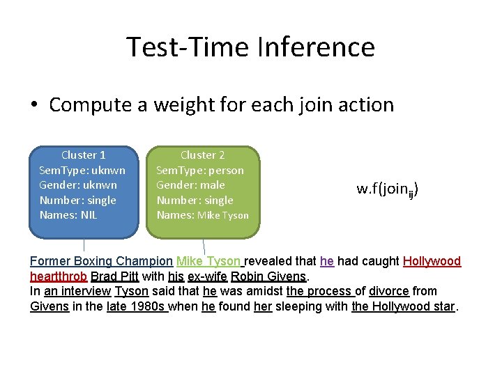 Test-Time Inference • Compute a weight for each join action Cluster 1 Sem. Type: