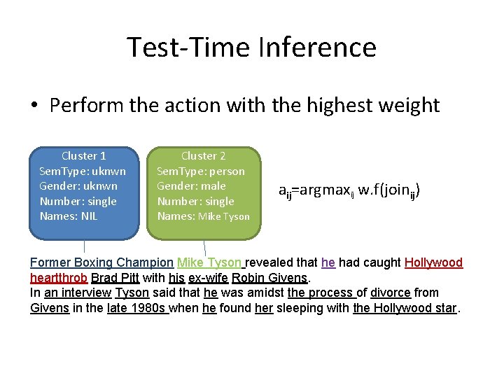 Test-Time Inference • Perform the action with the highest weight Cluster 1 Sem. Type:
