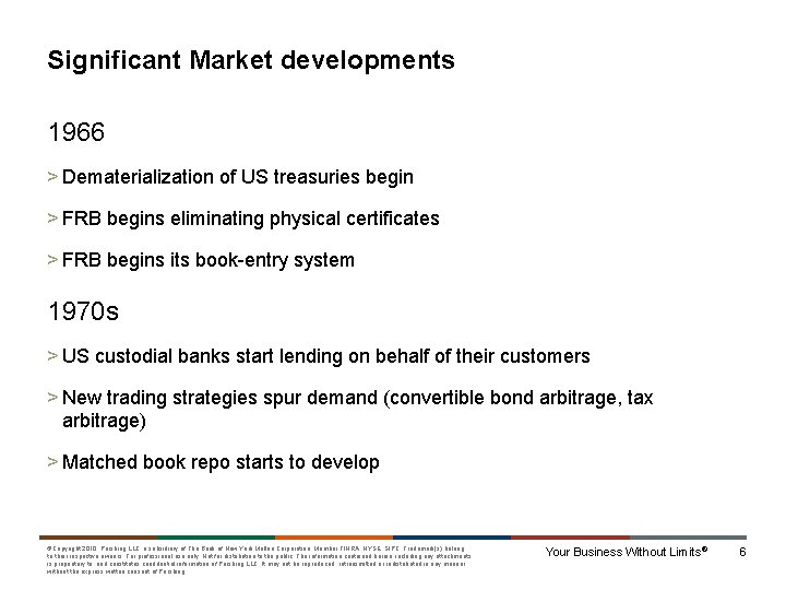 Significant Market developments 1966 > Dematerialization of US treasuries begin > FRB begins eliminating