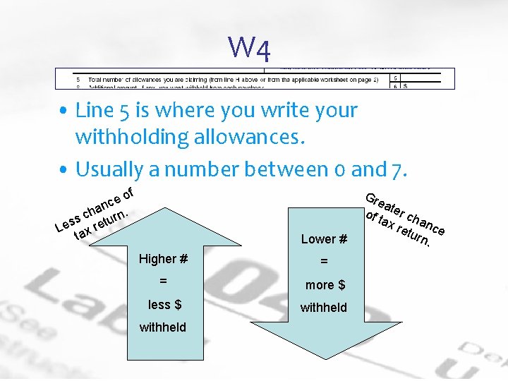 W 4 • Line 5 is where you write your withholding allowances. • Usually
