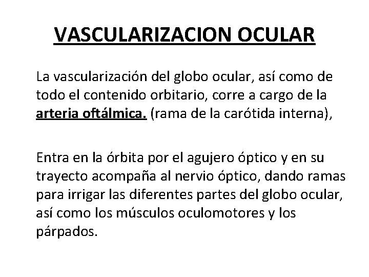 VASCULARIZACION OCULAR La vascularización del globo ocular, así como de todo el contenido orbitario, VASCULARIZACION OCULAR La vascularización del globo ocular, así como de todo el contenido orbitario,