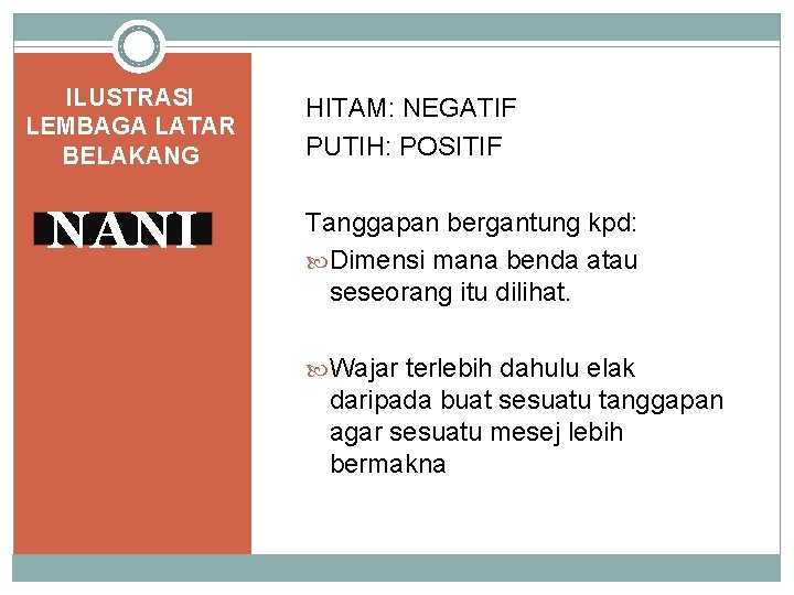 ILUSTRASI LEMBAGA LATAR BELAKANG NANI HITAM: NEGATIF PUTIH: POSITIF Tanggapan bergantung kpd: Dimensi mana