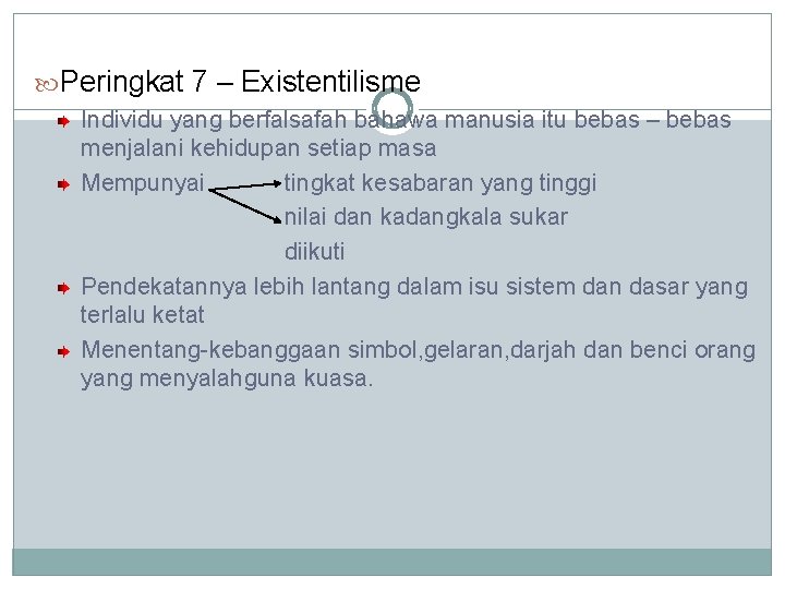  Peringkat 7 – Existentilisme Individu yang berfalsafah bahawa manusia itu bebas – bebas
