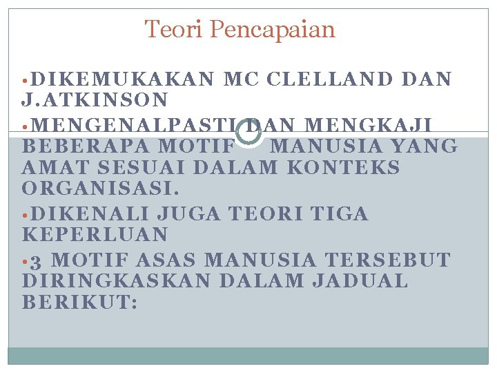 Teori Pencapaian • DIKEMUKAKAN MC CLELLAND DAN J. ATKINSON • MENGENALPASTI DAN MENGKAJI BEBERAPA