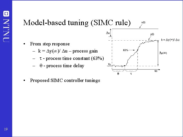 Model-based tuning (SIMC rule) • From step response – k = Δy(∞)/ Δu – Model-based tuning (SIMC rule) • From step response – k = Δy(∞)/ Δu –
