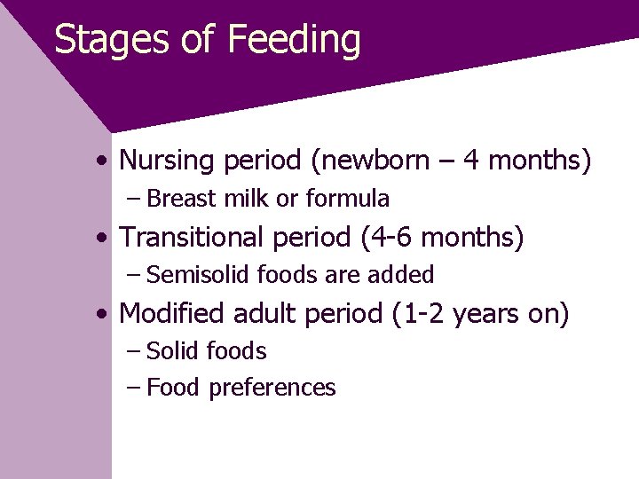 Stages of Feeding • Nursing period (newborn – 4 months) – Breast milk or