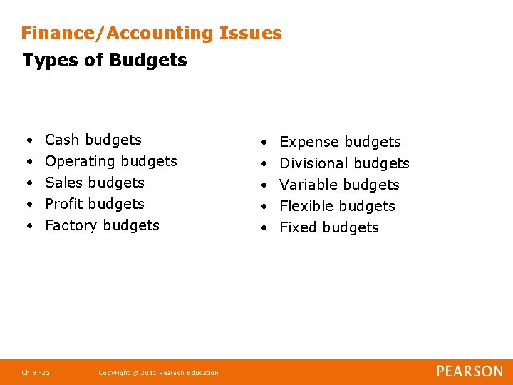 Finance/Accounting Issues Types of Budgets • • • Cash budgets Operating budgets Sales budgets