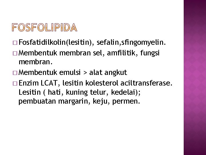 � Fosfatidilkolin(lesitin), sefalin, sfingomyelin. � Membentuk membran sel, amfilitik, fungsi membran. � Membentuk emulsi