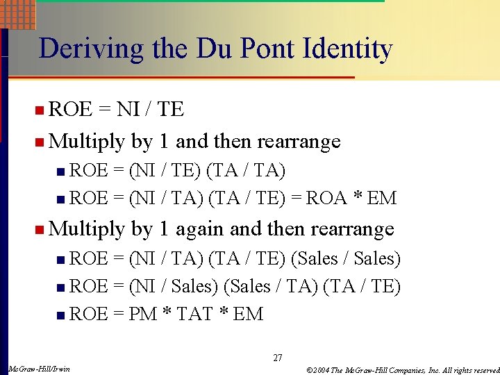 Deriving the Du Pont Identity n ROE = NI / TE n Multiply by