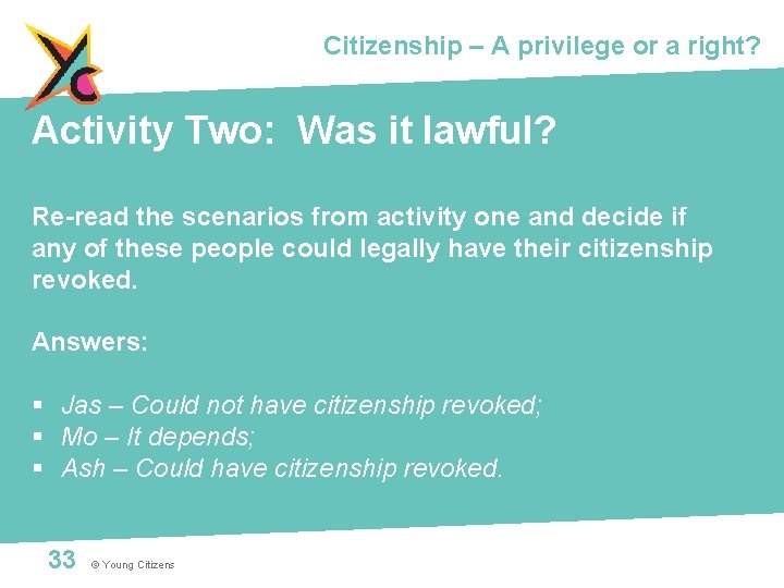 Citizenship – A privilege or a right? Activity Two: Was it lawful? Re-read the