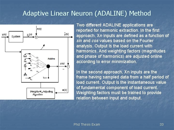 Adaptive Linear Neuron (ADALINE) Method Two different ADALINE applications are reported for harmonic extraction.