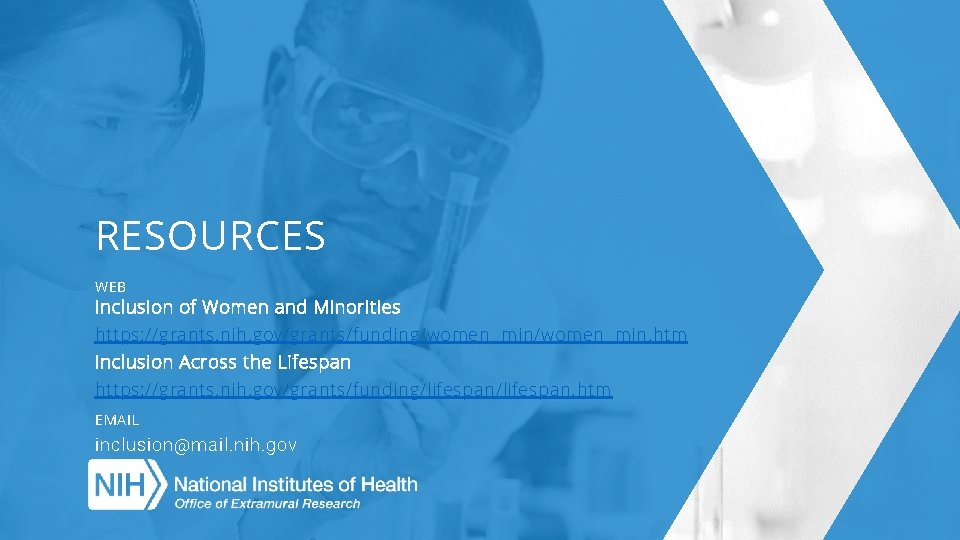 RESOURCES WEB Inclusion of Women and Minorities https: //grants. nih. gov/grants/funding/women_min. htm Inclusion Across