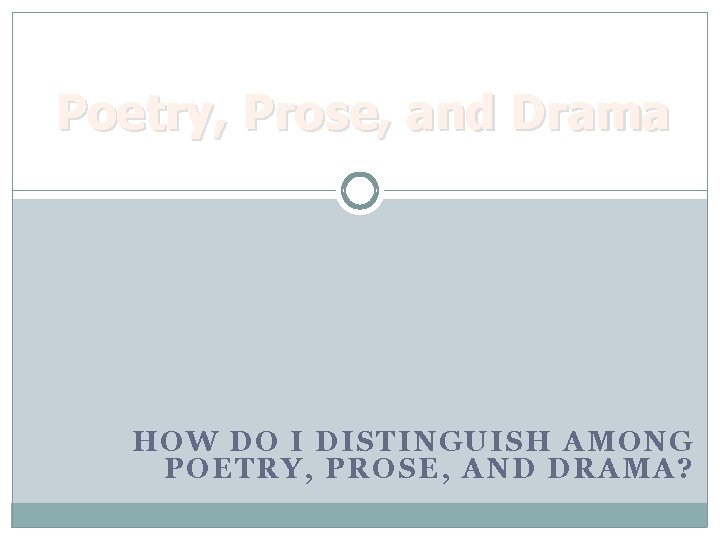 Poetry, Prose, and Drama HOW DO I DISTINGUISH AMONG POETRY, PROSE, AND DRAMA? 