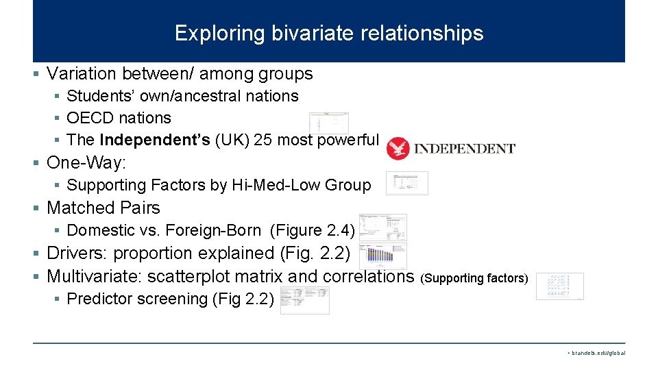 Exploring bivariate relationships § Variation between/ among groups § Students’ own/ancestral nations § OECD Exploring bivariate relationships § Variation between/ among groups § Students’ own/ancestral nations § OECD