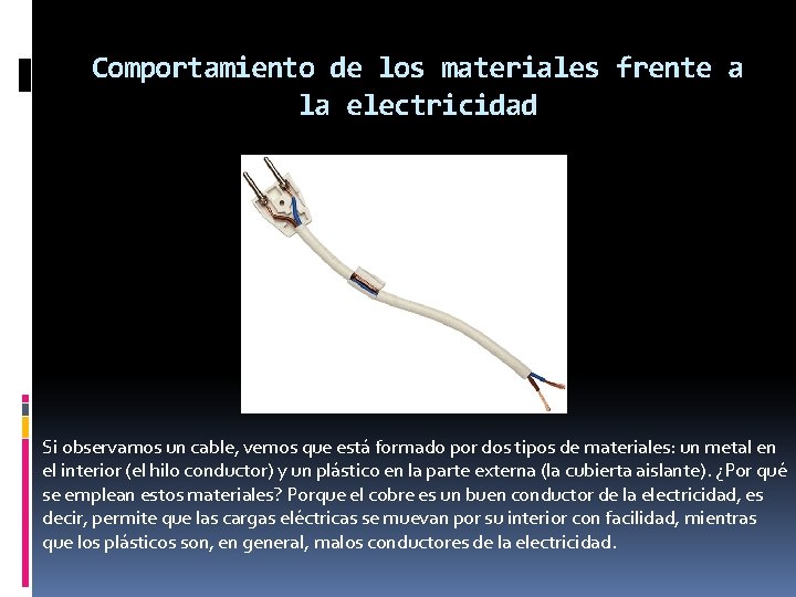 Comportamiento de los materiales frente a la electricidad Si observamos un cable, vemos que
