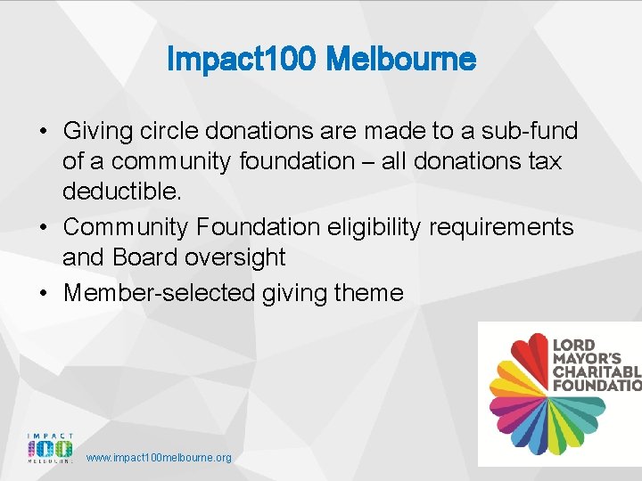 Impact 100 Melbourne • Giving circle donations are made to a sub-fund of a