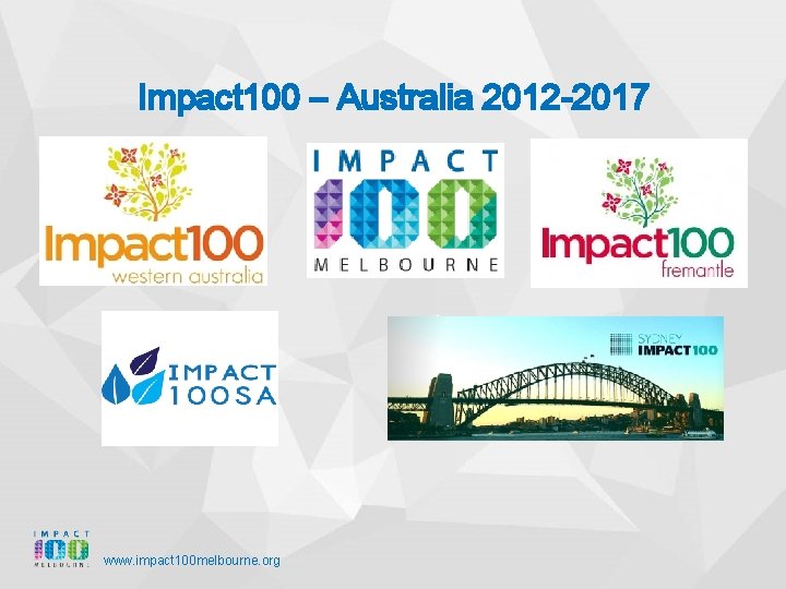 Impact 100 – Australia 2012 -2017 www. impact 100 melbourne. org 
