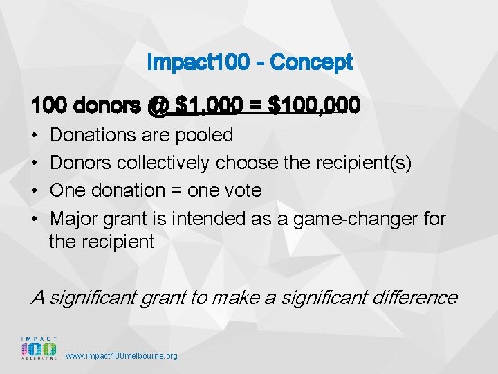 Impact 100 - Concept 100 donors @ $1, 000 = $100, 000 • •