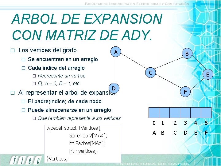 ARBOL DE EXPANSION CON MATRIZ DE ADY. � � Los vertices del grafo �
