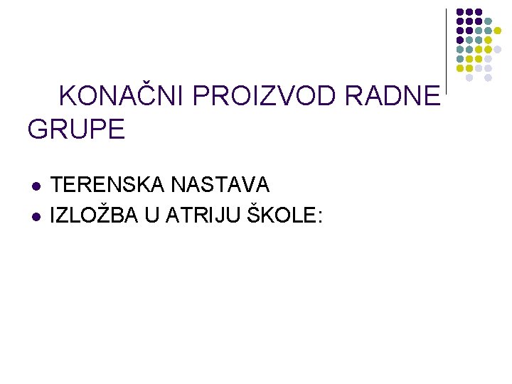 KONAČNI PROIZVOD RADNE GRUPE l l TERENSKA NASTAVA IZLOŽBA U ATRIJU ŠKOLE: 