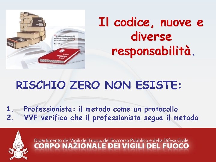 Il codice, nuove e diverse responsabilità. RISCHIO ZERO NON ESISTE: 1. 2. Professionista: il