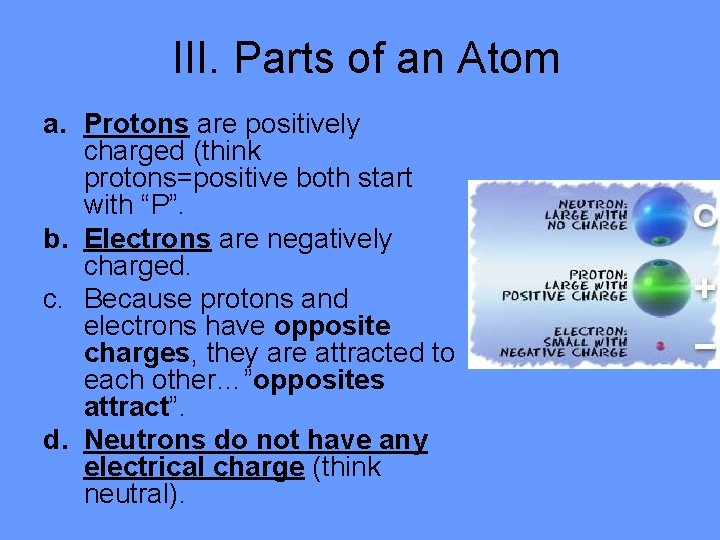 III. Parts of an Atom a. Protons are positively charged (think protons=positive both start