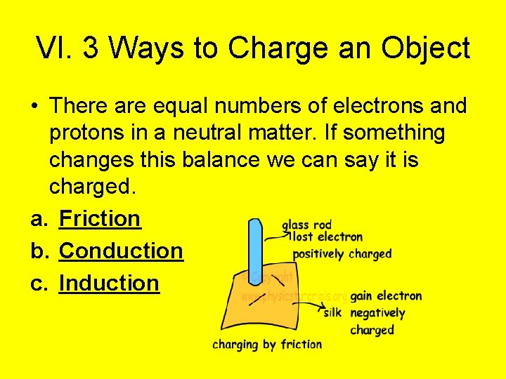 VI. 3 Ways to Charge an Object • There are equal numbers of electrons