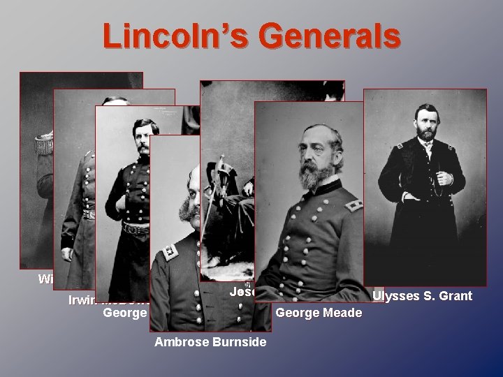 Lincoln’s Generals Winfield Scott Irwin Mc. Dowell George Mc. Clellan Joseph Hooker Ambrose Burnside