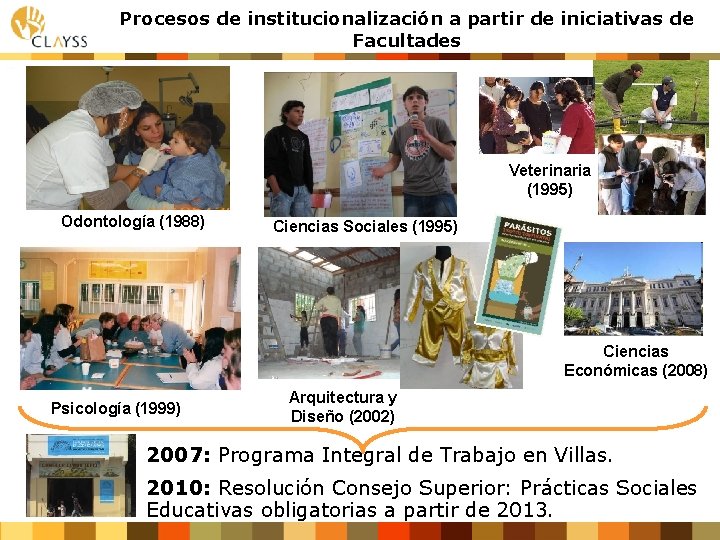 Procesos de institucionalización a partir de iniciativas de Facultades Veterinaria (1995) Odontología (1988) Ciencias